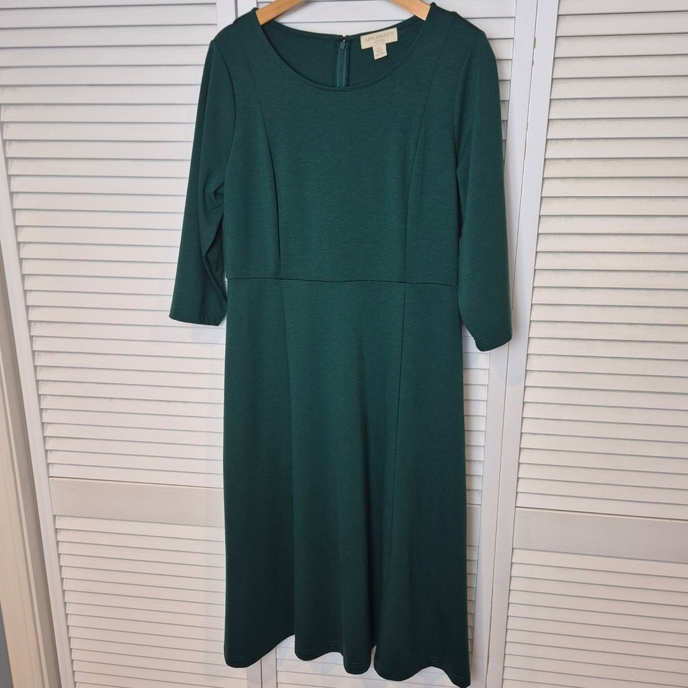 Appleseed's Knit Dress 3/4 Sleeve Career Casual Green Dress Petites L Modest Zip